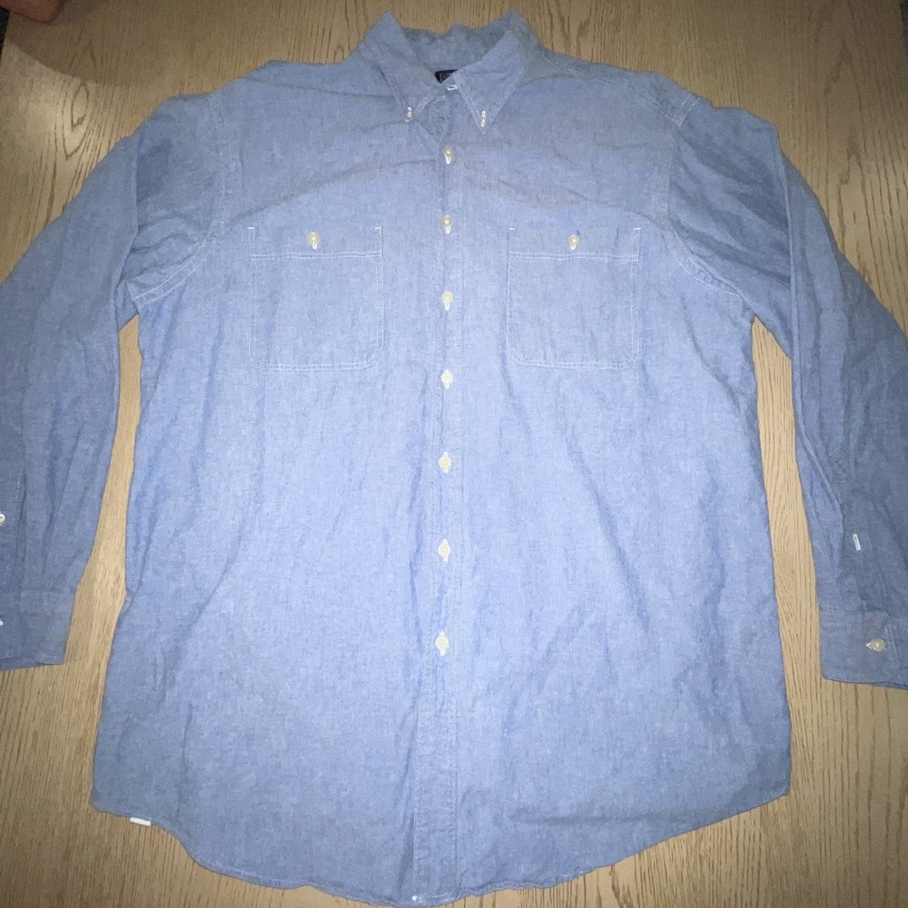 Vintage Lands End Direct Merchants Chambray Shirt Mens XL Tall Blue 90s Made USA